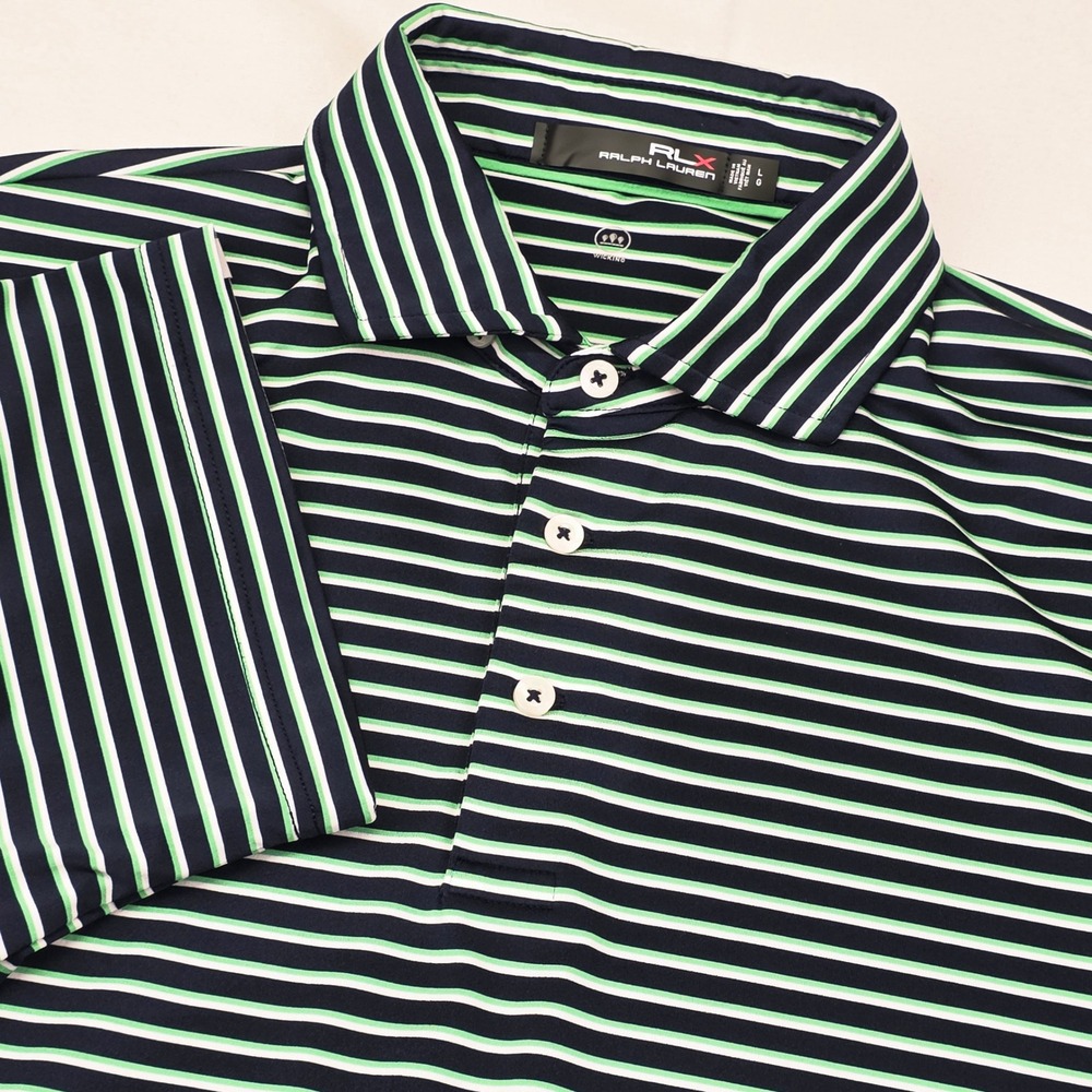 RLX Ralph Lauren Polo Shirt Mens L Navy Green Striped Wicking Stretch Golf Short